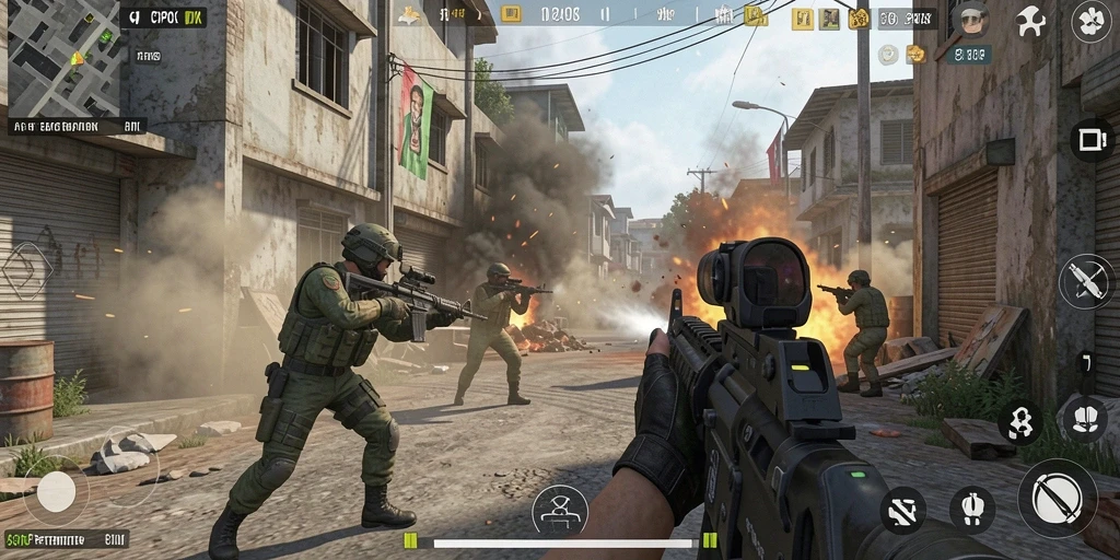 Screenshot menampilkan aksi pertempuran intens dalam game FPS.