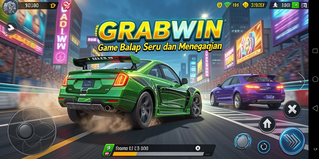 Tampilan gameplay mendebarkan dari GRABWIN dengan mobil balap yang melaju cepat.