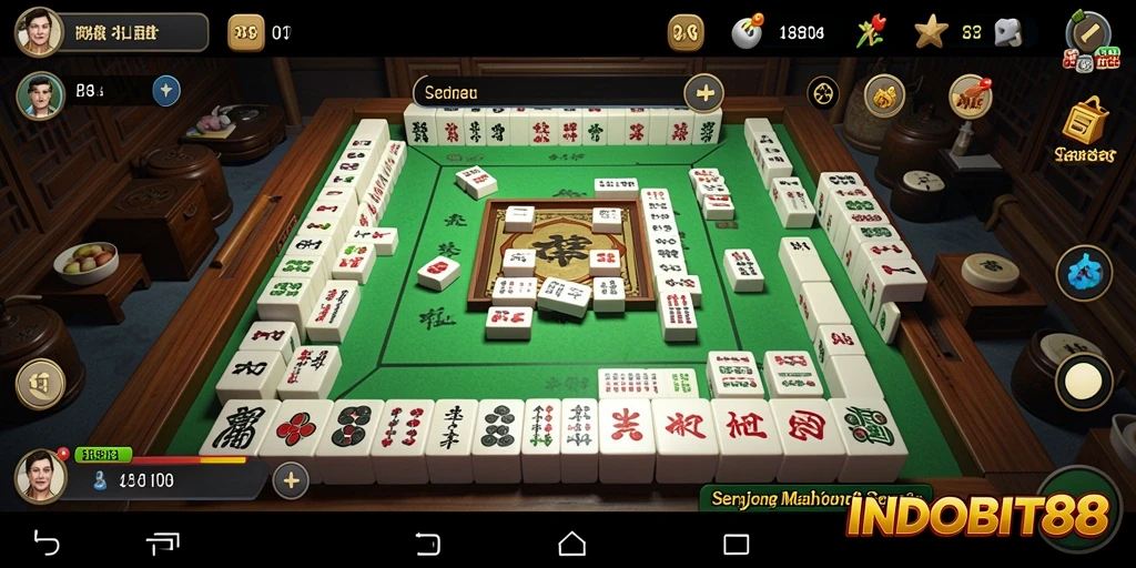 Tampilan gameplay <strong>INDOBIT88</strong> dengan ubin Mahjong yang indah.