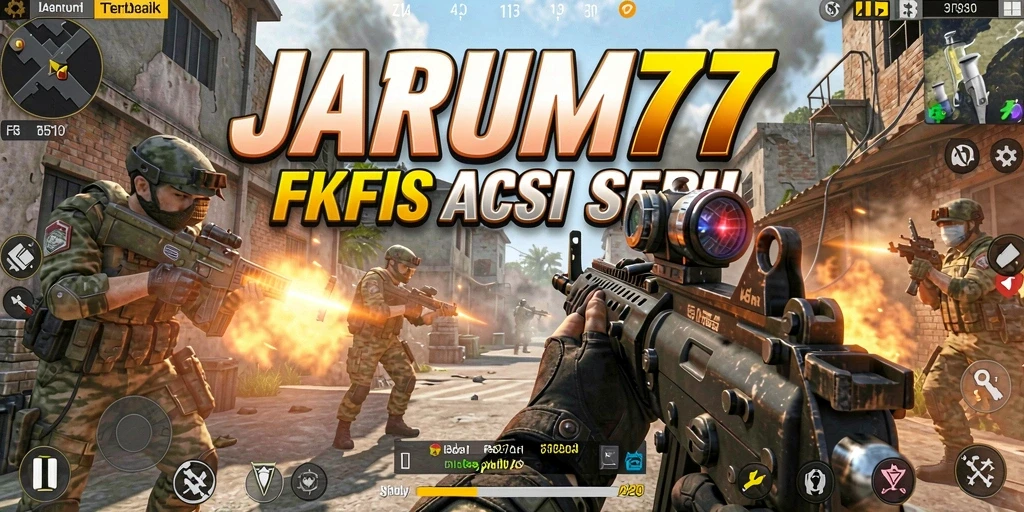 Tampilan gameplay intens dalam JARUM77 dengan aksi tembak-menembak yang seru.