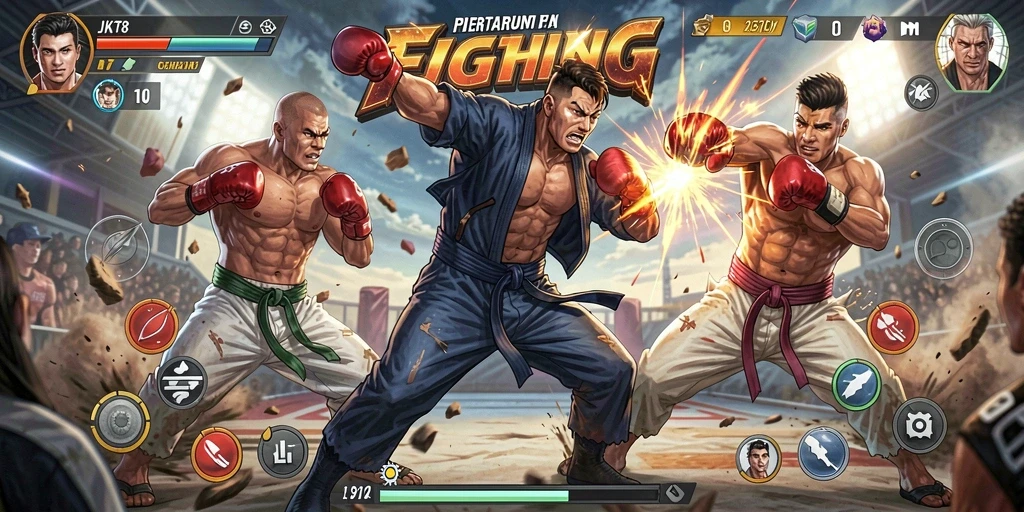 Gameplay JKT8 menampilkan pertarungan seru dengan karakter unik.