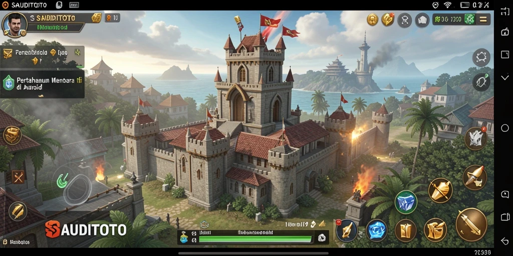 Gameplay SAUDITOTO dengan menara pertahanan yang strategis.