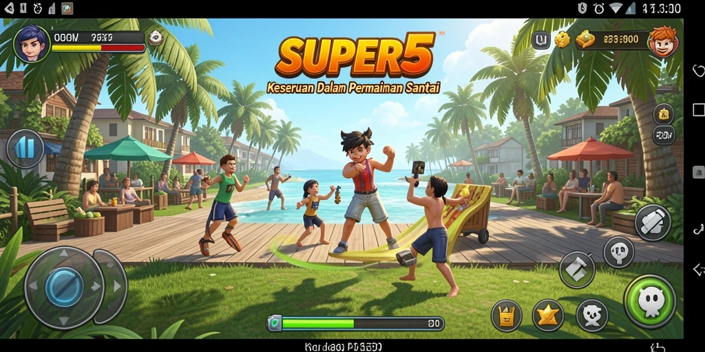 Tangkapan layar utama SUPER5 menampilkan gameplay yang menyenangkan dan interaktif.