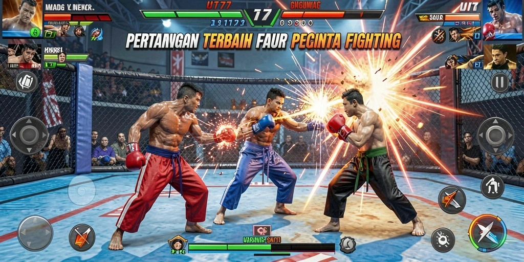 Screenshot UT77 menunjukkan aksi pertarungan seru dengan karakter yang dinamis.