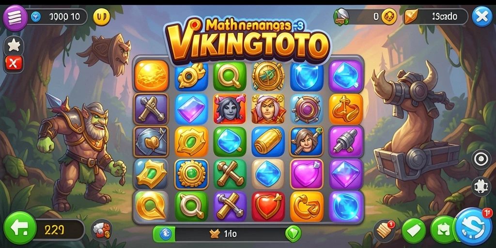Tangkapan layar VIKINGTOTO menampilkan gameplay Match-3 yang seru dan penuh warna.
