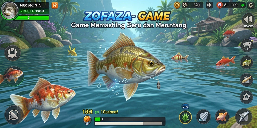 Screenshot gameplay ZOFAZA menampilkan aksi pemancingan yang mendebarkan.